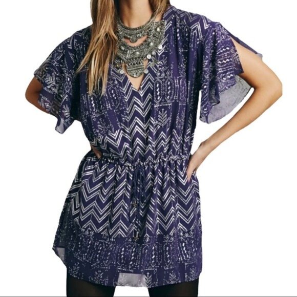 Free People Printed V-Neck Kimono Sleeve Elastic Waist Mini Dress Size S - Picture 7 of 7